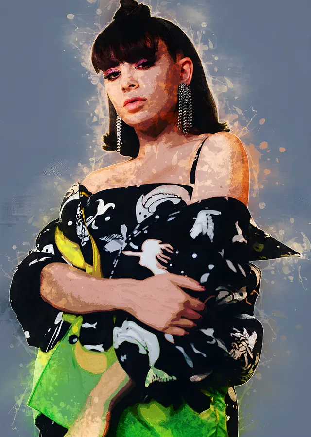 Charli XCX - Yeşil Zeminde Boyalı Portre metal tablo