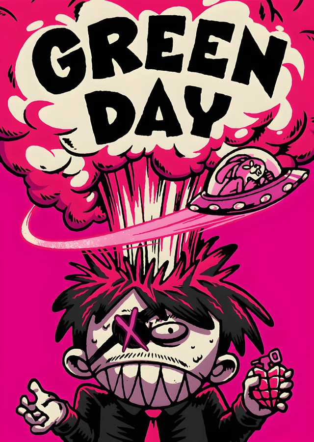 Green Day - Pembe Zeminde Karikatür Patlama metal tablo