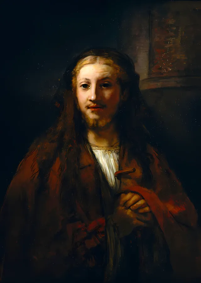 Kızıl Cüppeli Asalı Adam Portresi - Rembrandt metal tablo