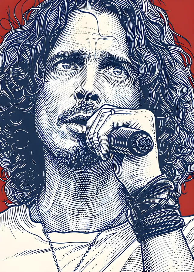 Chris Cornell - Gravür Tarzı Mikrofon Portresi metal tablo