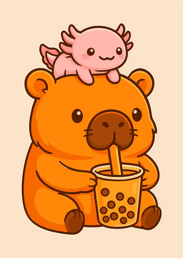 Bubble Tea İçen Kapibara ve Aksolot metal tablo