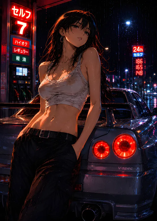 Anime Kız ve Nissan GT-R - Gece Sokağı metal tablo