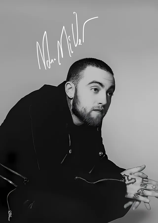 Mac Miller - İmzalı Siyah Beyaz Portre metal tablo