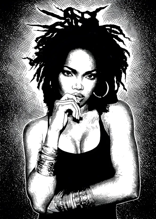 Lauryn Hill - Nokta Dokulu Siyah Beyaz Portre metal tablo