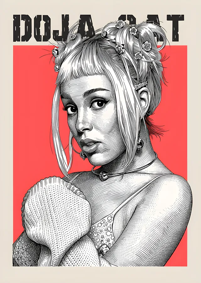 Doja Cat - Kırmızı Zeminde Kalem Çizimi metal tablo