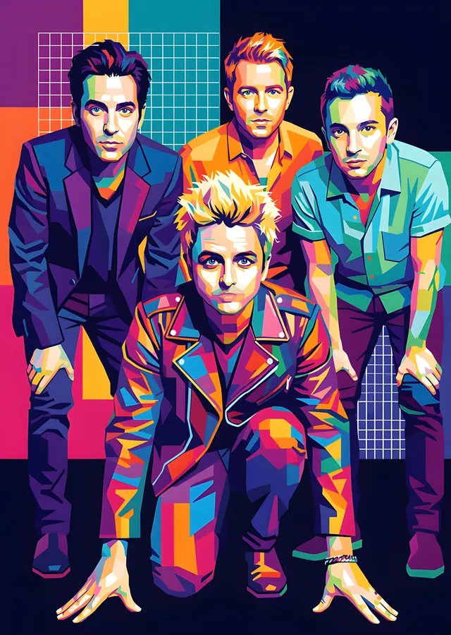 Green Day - Renk Bloklu Grup Portresi metal tablo