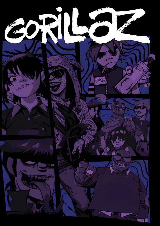 Gorillaz - Mor Çizgi Roman Kolajı metal tablo