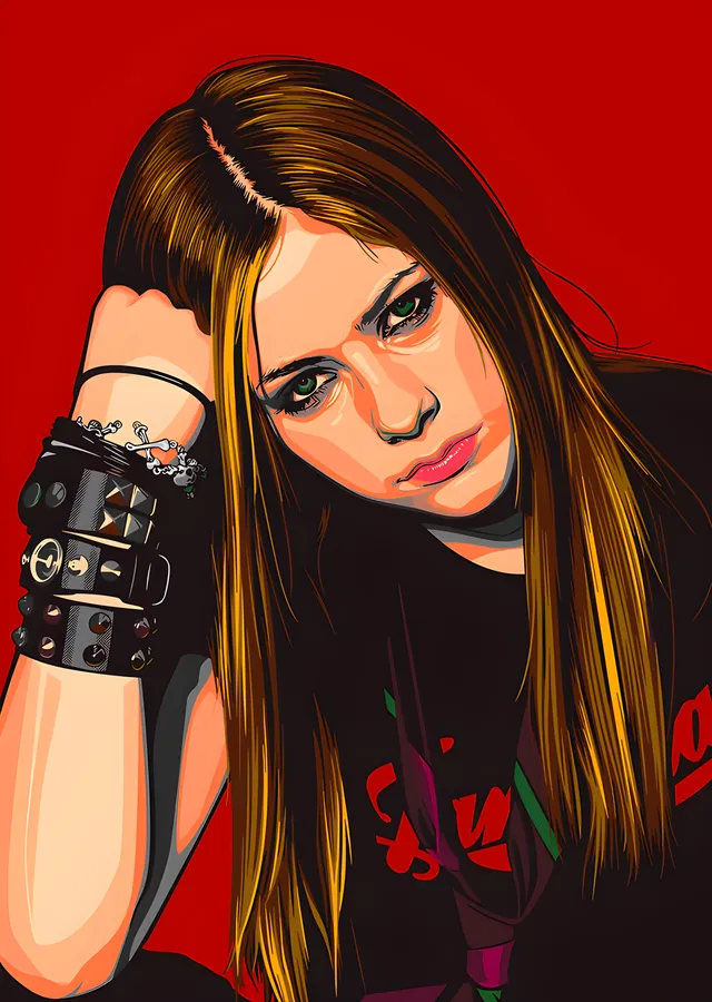 Avril Lavigne - Kırmızı Zeminde Bileklikli Portre metal tablo