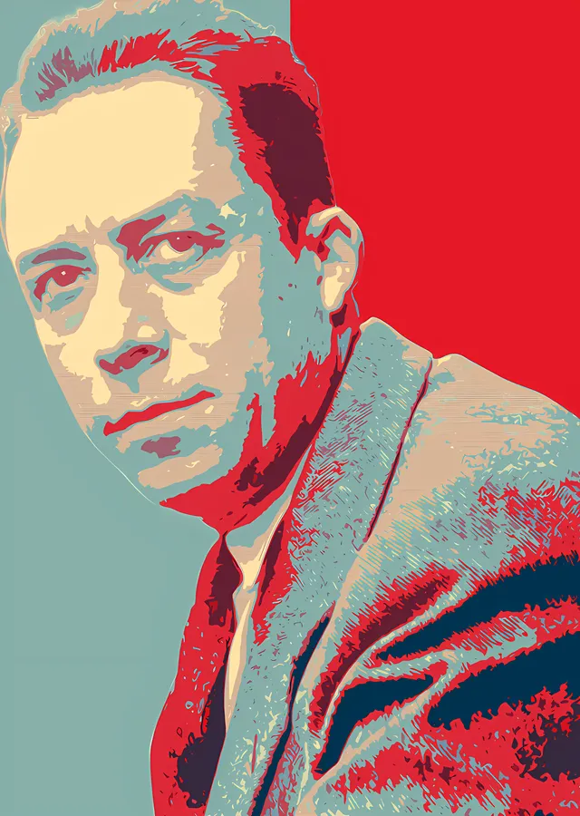 Albert Camus Kırmızı Turkuaz Serigrafi Portre metal tablo