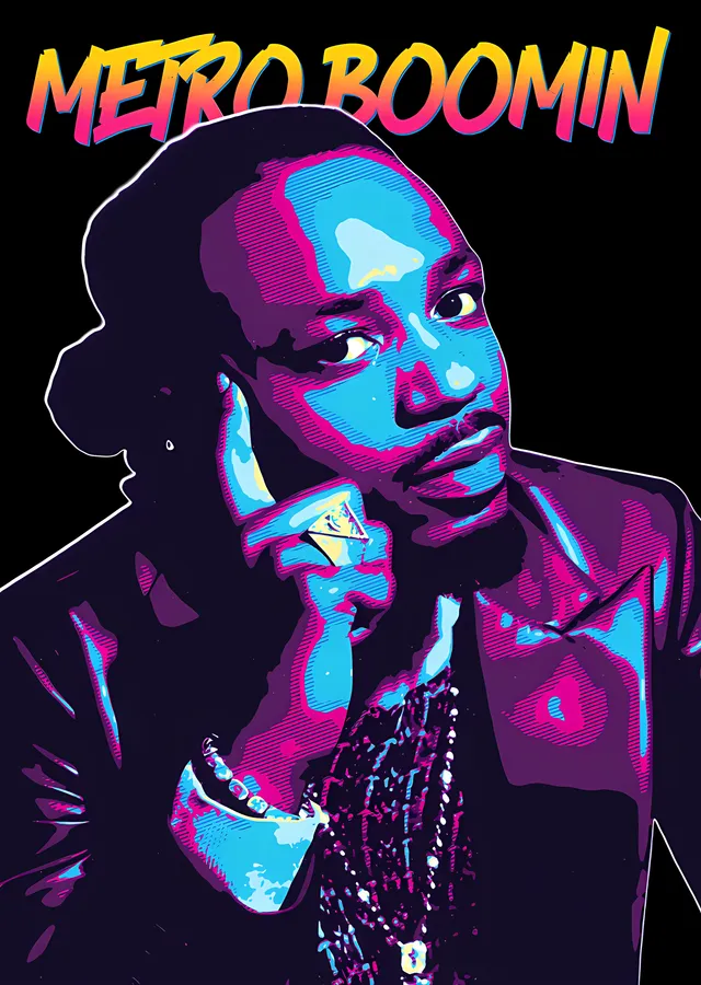 Metro Boomin - Neon Pembe Mavi Portre metal tablo