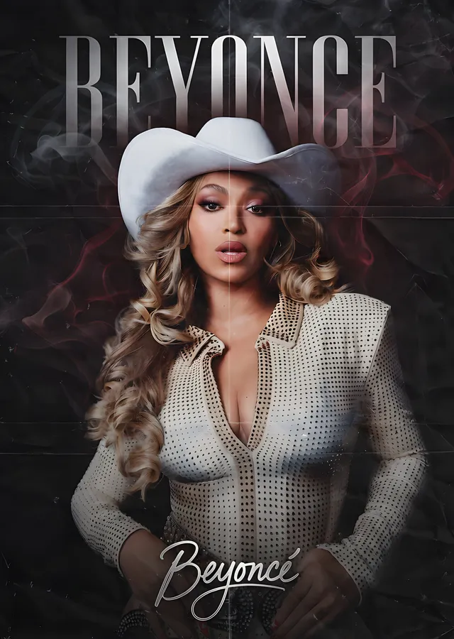 Beyoncé - Beyaz Kovboy Şapkalı Portre metal tablo