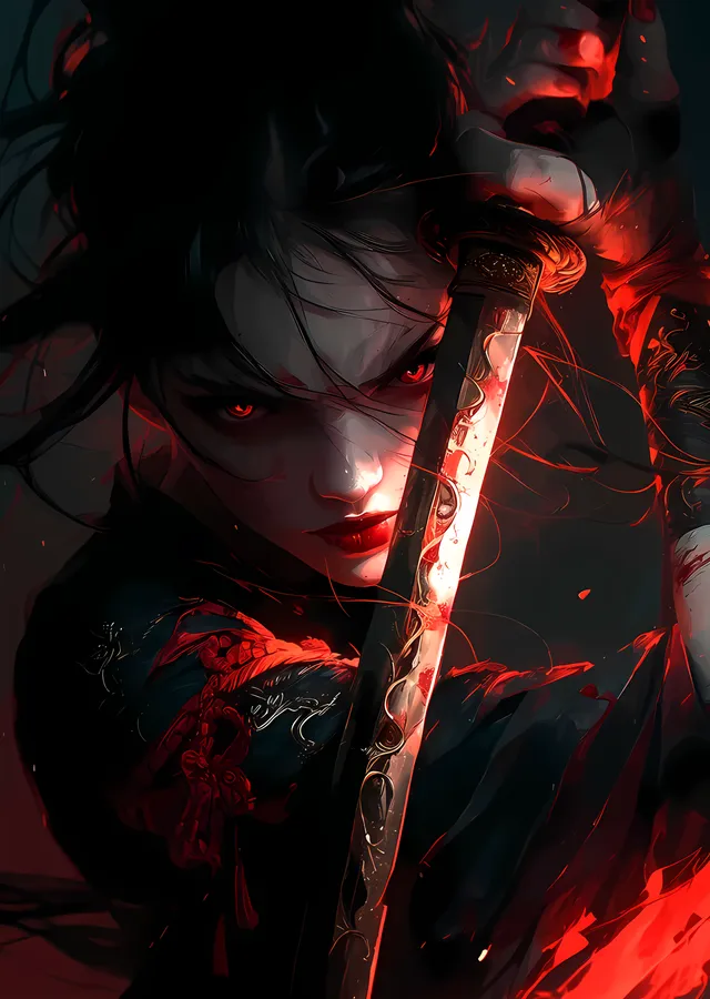 Kızıl Işıkta Katanalı Anime Portre metal tablo