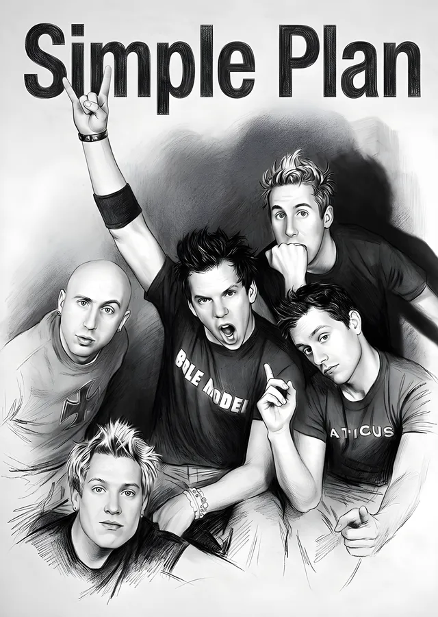 Simple Plan - Karakalem Grup Portresi metal tablo