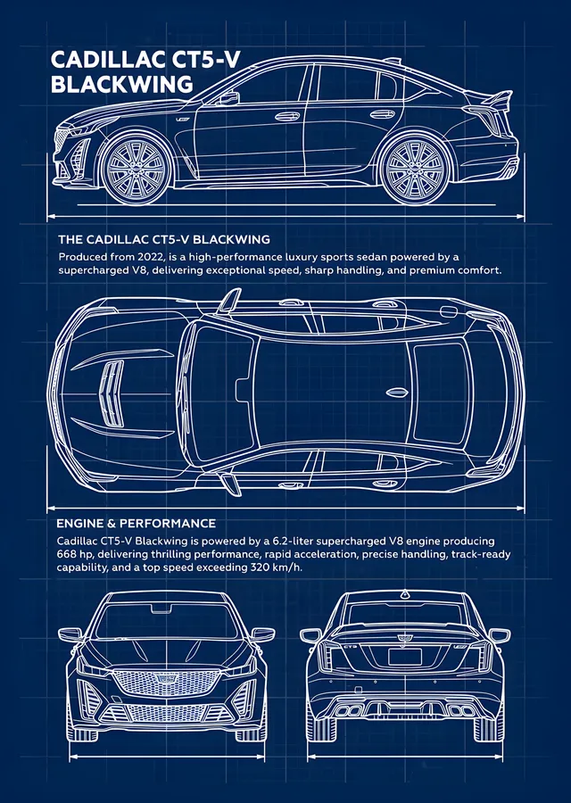 Cadillac CT5-V Blackwing - Teknik Çizim metal tablo