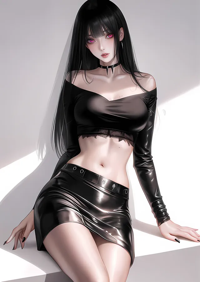 Deri Etekli Anime Kız - Beyaz Zemin metal tablo