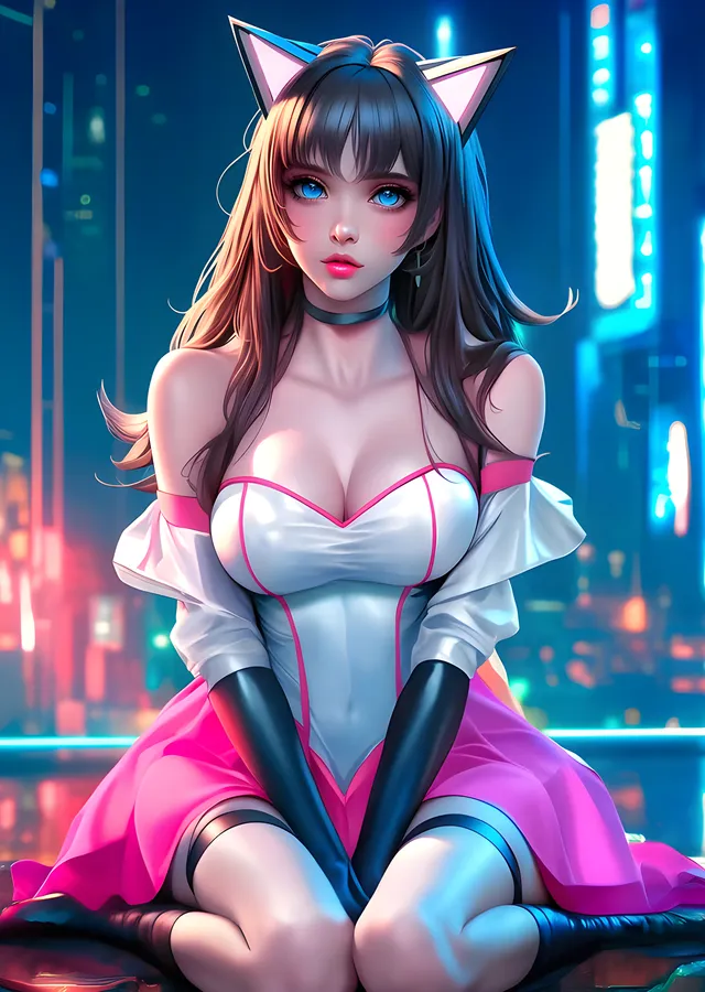 Kedi Kulaklı Anime Kız - Neon Şehir metal tablo