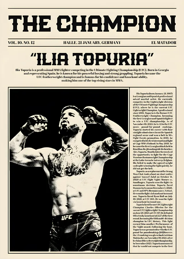 Ilia Topuria - The Champion Gazetesi metal tablo