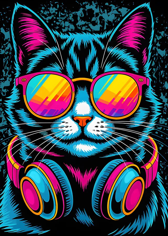 Kulaklıklı Neon Kedi metal tablo