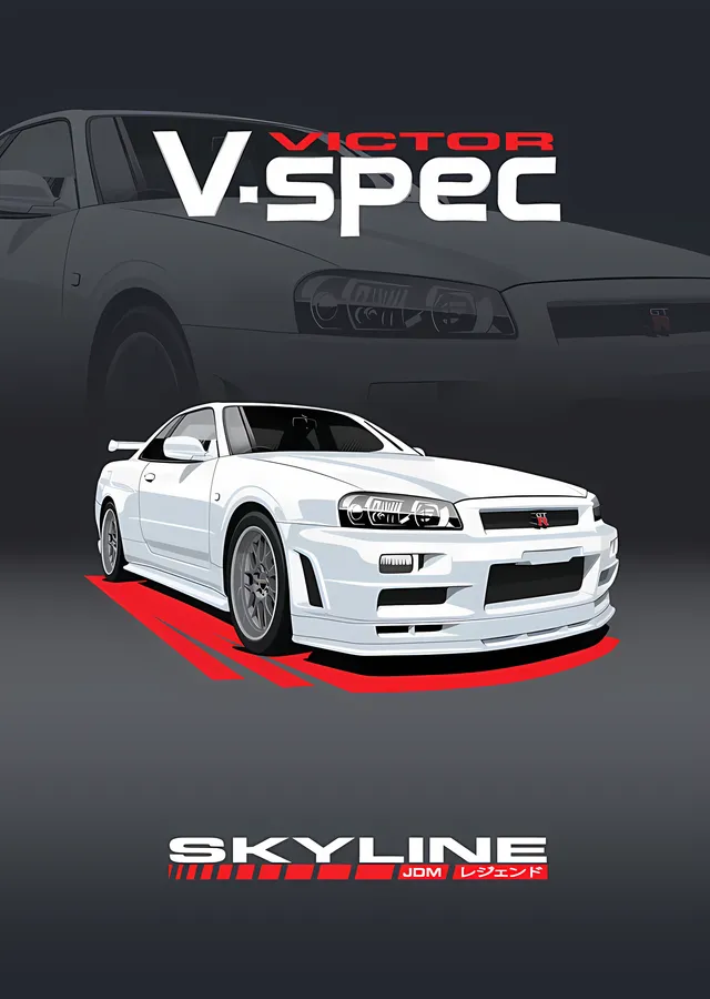 Nissan Skyline V-Spec - Beyaz metal tablo