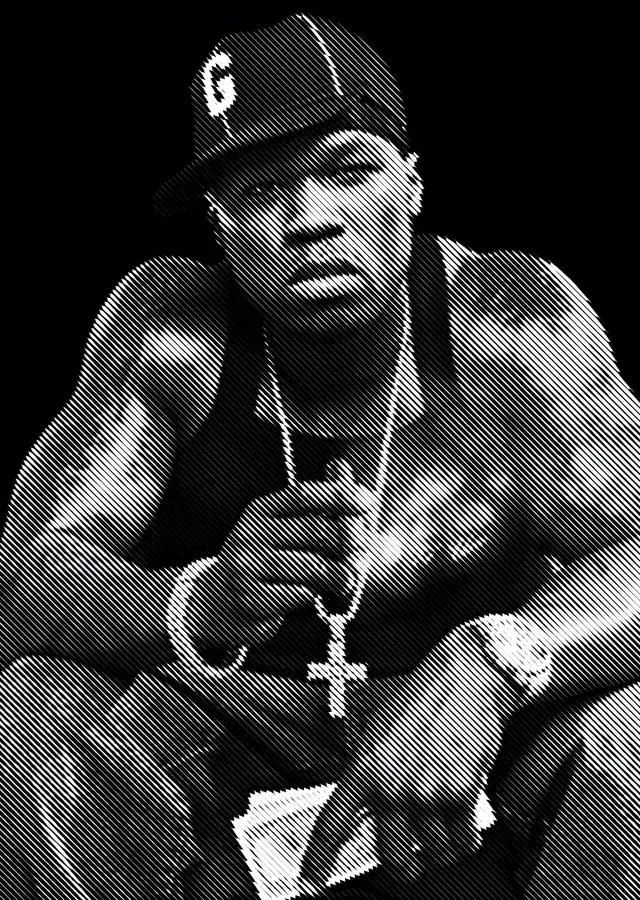 50 Cent - Çizgi Dokulu Siyah Beyaz Portre metal tablo