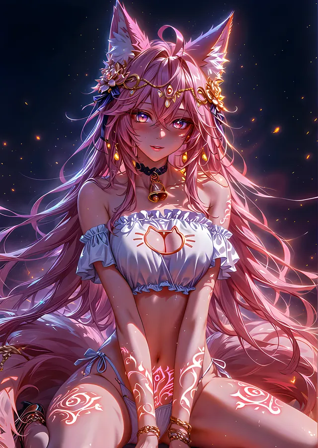 Pembe Saçlı Kedi Kulaklı Anime Kız metal tablo
