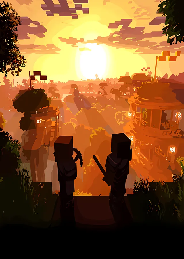 Minecraft - Gün Batımında Köy Silüeti metal tablo