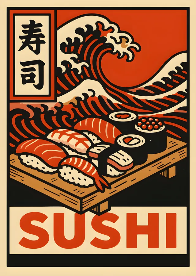 Sushi - Retro Baskı metal tablo