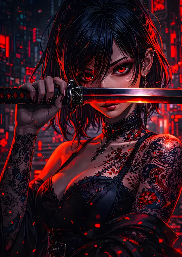 Kırmızı Neonda Katanalı Anime Portre metal tablo