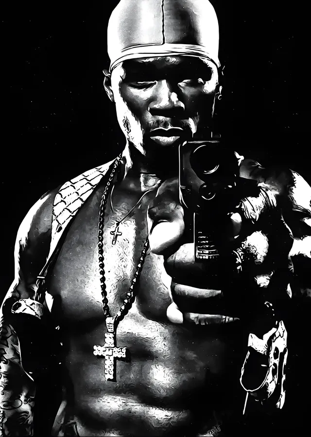 50 Cent - Bandanalı Siyah Beyaz Portre metal tablo