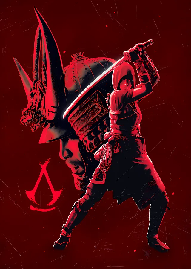 Assassin's Creed Shadows - Kırmızı Zeminde Kılıç metal tablo