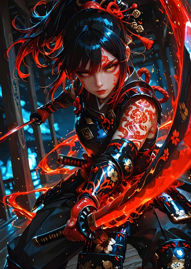 Kızıl Neonda Zırhlı Anime Savaşçı metal tablo