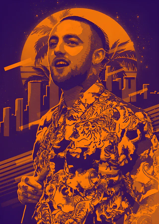 Mac Miller - Turuncu Şehir Silüetinde Portre metal tablo