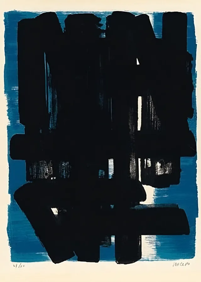 Mavi Zeminde Siyah Formlar - Pierre Soulages metal tablo
