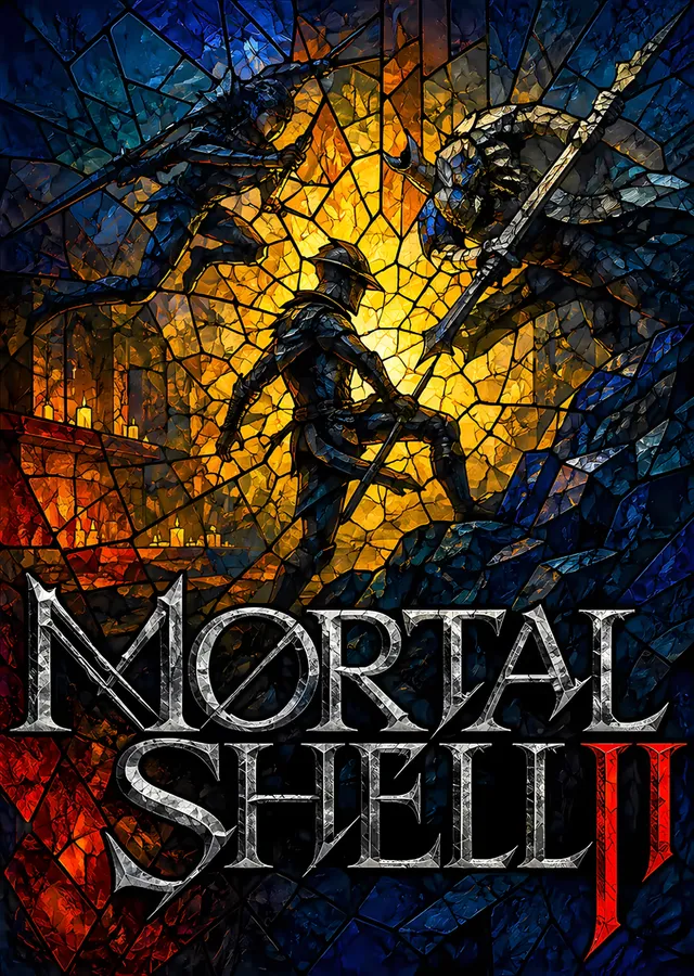 Mortal Shell II: Altın Vitrayda Kılıçlı Figür metal tablo