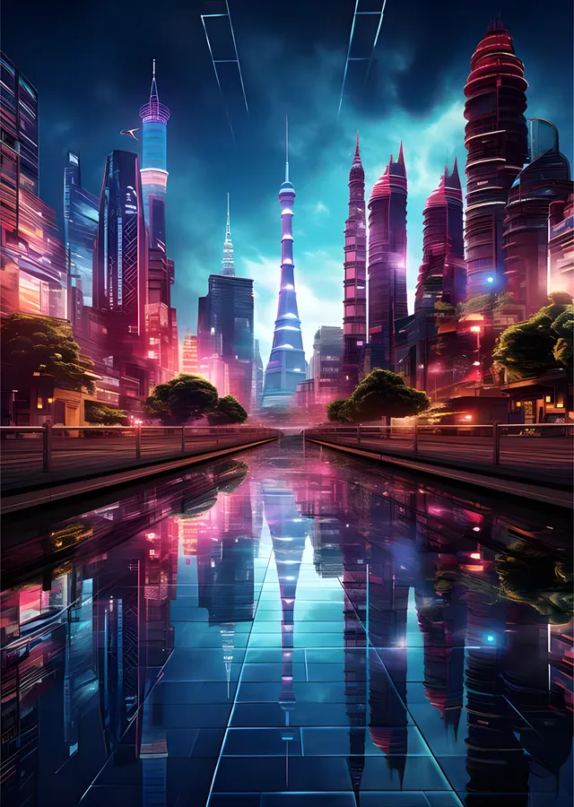 Neo Tokyo - Kanal Yansımasında Neon Kule metal tablo