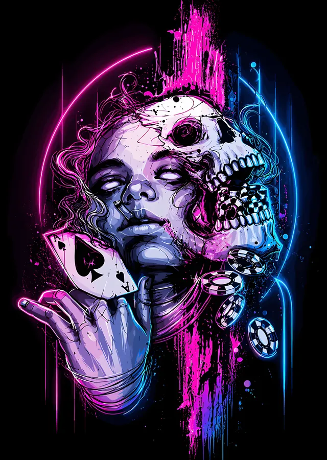 Neon Işıkta Yarı Kafatası Poker Oyuncusu metal tablo