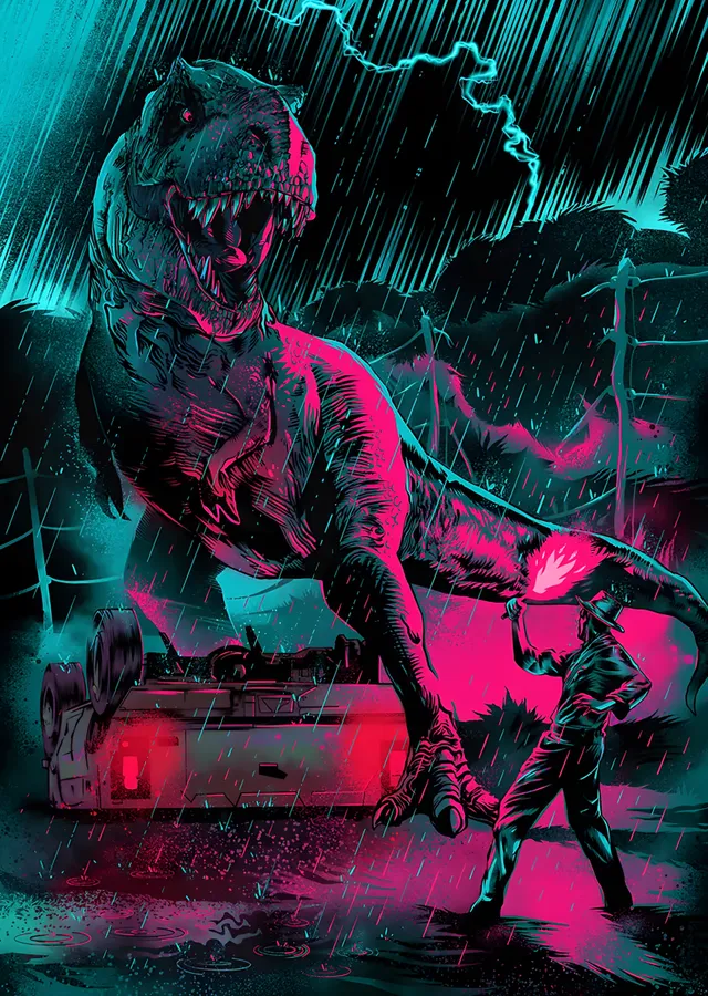 Neon Yağmurda T-Rex metal tablo