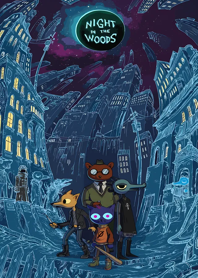 Night in the Woods: Mavi Şehirde Dört Arkadaş metal tablo