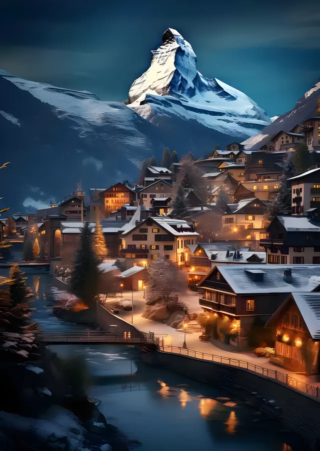 Matterhorn - Kar Altında Alp Köyü Işıkları metal tablo