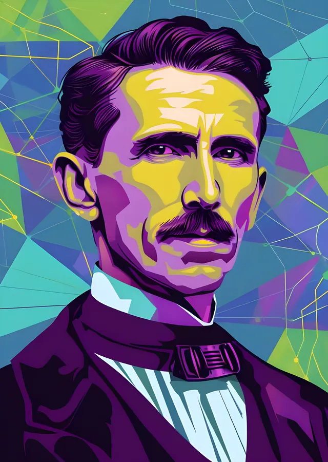 Nikola Tesla - Geometrik Ağ Üzerinde Portre metal tablo