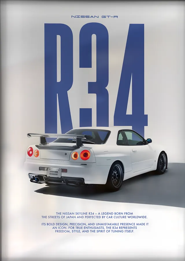 Nissan Skyline GT-R R34 (Beyaz, Arka Görünüm) metal tablo