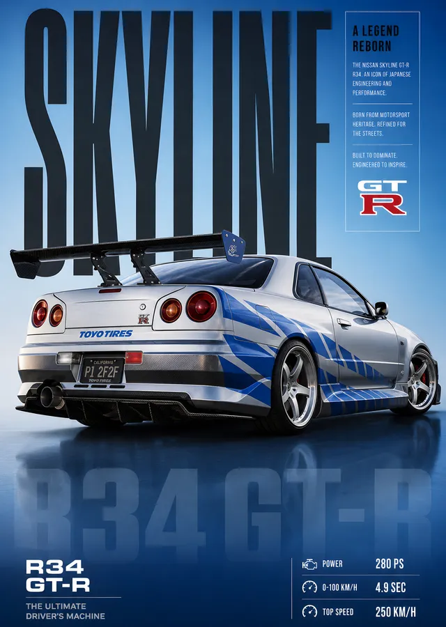 Nissan Skyline R34 GT-R Dergi Kapağı metal tablo