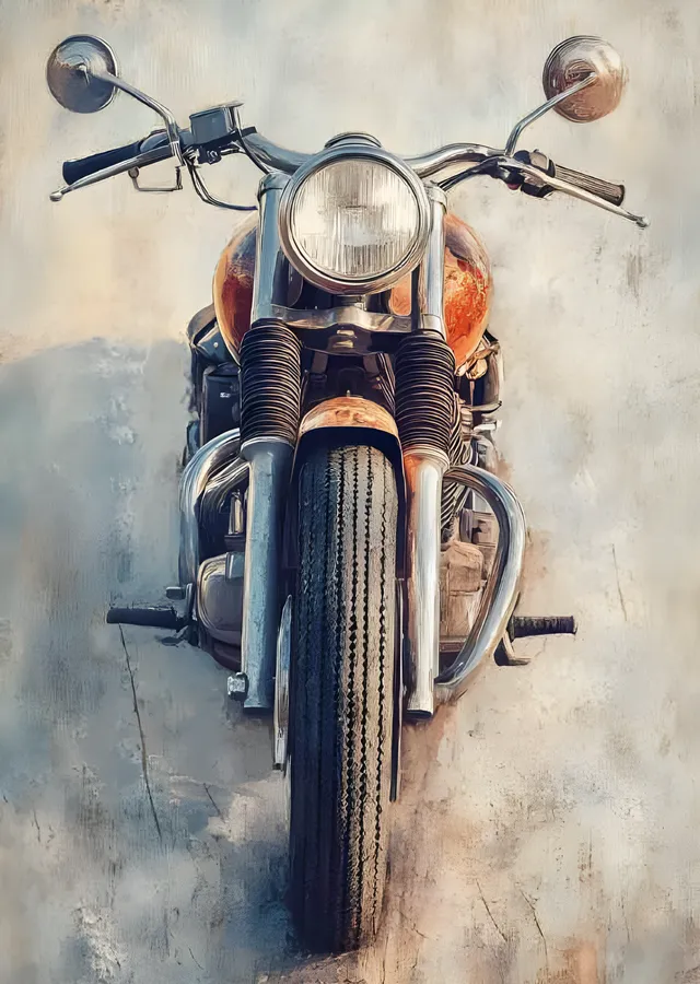 Krom Detaylı Klasik Motosiklet - Yağlıboya metal tablo