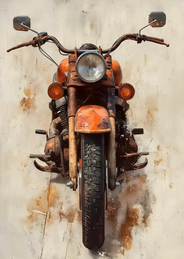 Paslı Turuncu Motosiklet - Eskimiş Duvar Önü metal tablo