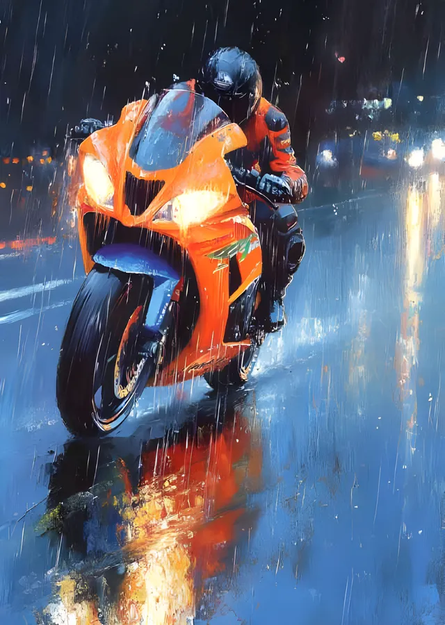 Gece Yağmurunda Turuncu Süperbike Sürücüsü metal tablo