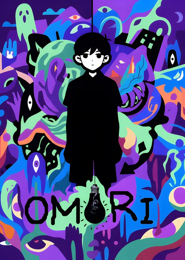 Omori: Renkli Kaosta Siyah Silüet metal tablo