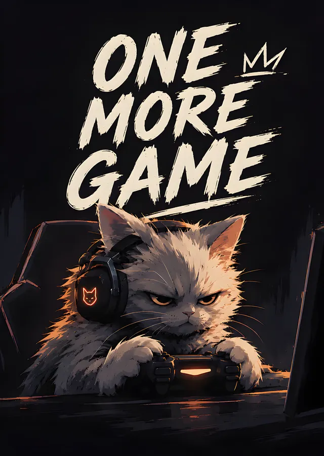 One More Game: Kulaklıklı Somurtkan Kedi metal tablo
