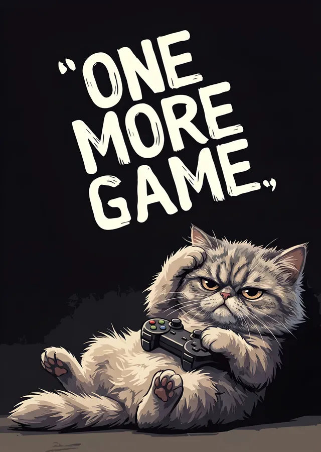 One More Game: Kumandalı Somurtkan Kedi metal tablo