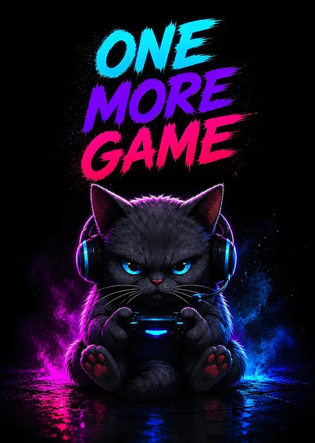 One More Game: Neon Zeminde Kara Kedi metal tablo