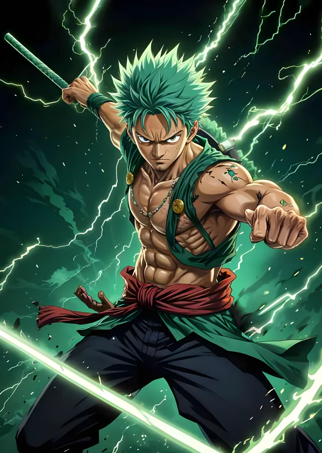 One Piece - Zoro Yeşil Şimşekler Arasında metal tablo